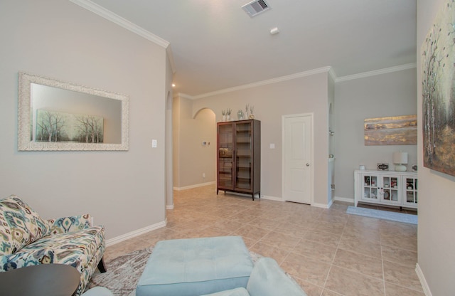 tiled living room with crown molding