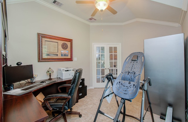 office space featuring ceiling fan, french doors, vaulted ceiling, and ornamental molding