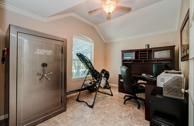 tiled office with ornamental molding, ceiling fan, and vaulted ceiling