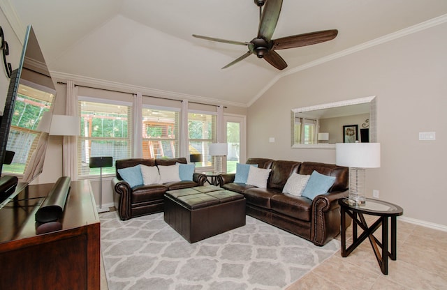 tiled living room featuring ceiling fan, vaulted ceiling, and ornamental molding