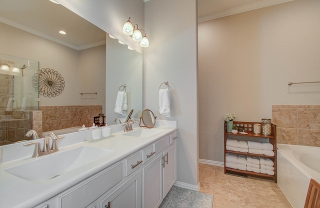 bathroom featuring ornamental molding, vanity, tile patterned floors, and plus walk in shower