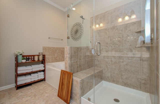 bathroom featuring ornamental molding, tile patterned flooring, and shower with separate bathtub