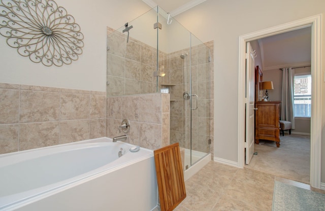 bathroom with independent shower and bath, tile patterned flooring, and ornamental molding