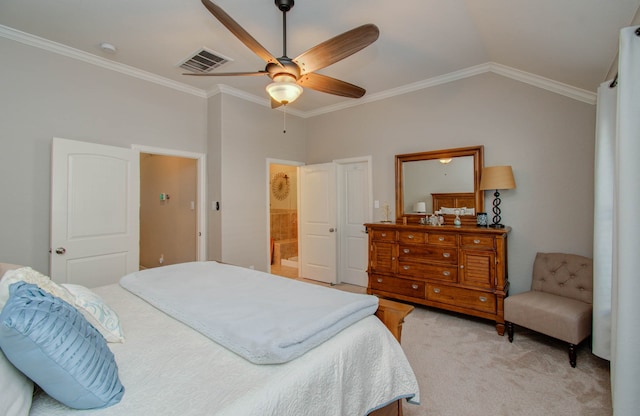 bedroom featuring ornamental molding, ensuite bath, vaulted ceiling, light colored carpet, and ceiling fan