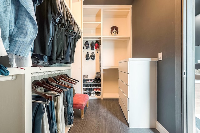 walk in closet with dark wood-type flooring