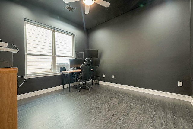 home office with dark hardwood / wood-style floors and ceiling fan