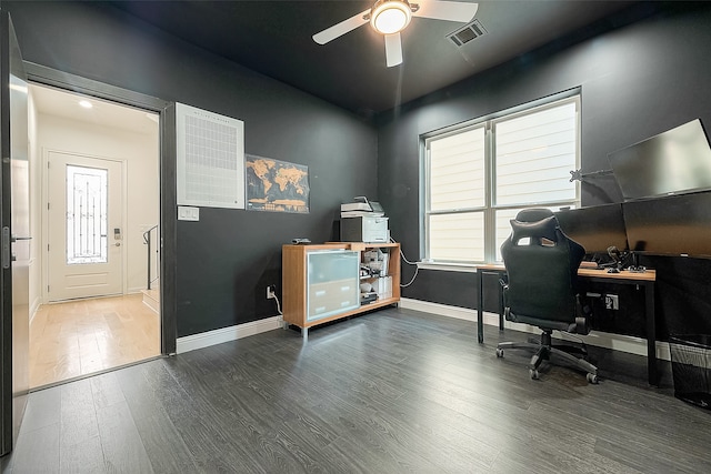 home office featuring hardwood / wood-style flooring, ceiling fan, and a wealth of natural light