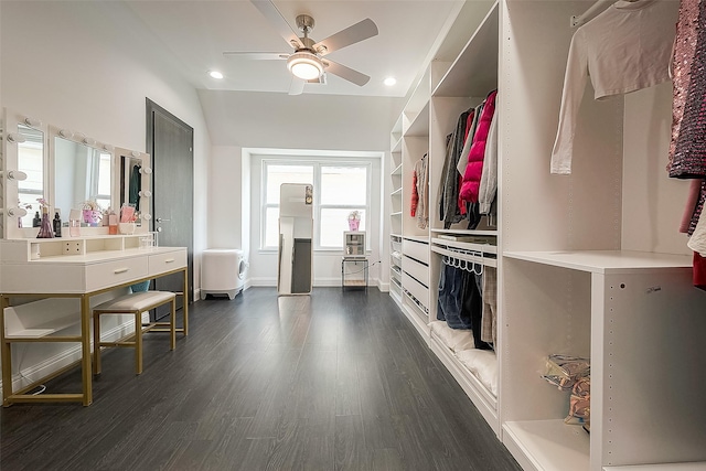 mudroom featuring vaulted ceiling, dark hardwood / wood-style floors, and ceiling fan