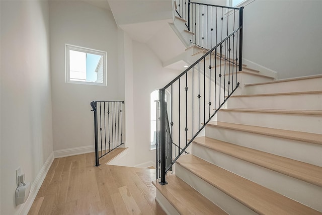 staircase with hardwood / wood-style flooring