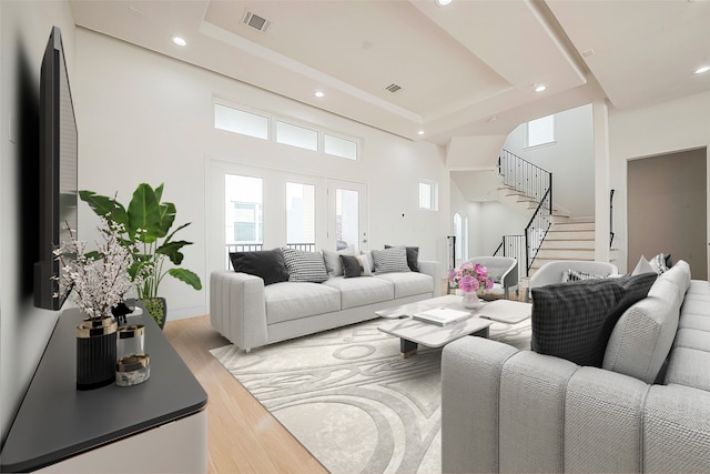 living room with a tray ceiling and wood-type flooring