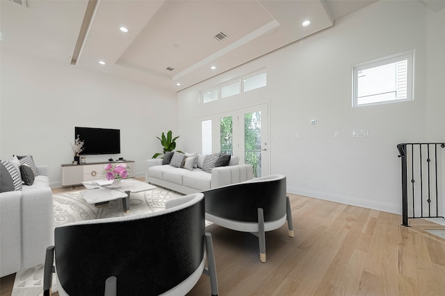 living room featuring a raised ceiling and light wood-type flooring