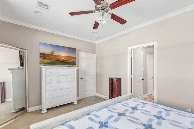 bedroom featuring ceiling fan and crown molding