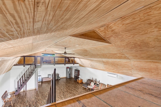 additional living space with wood-type flooring, ceiling fan, lofted ceiling, and wooden ceiling