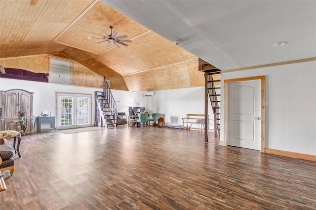 unfurnished living room with french doors, wood-type flooring, vaulted ceiling, wood ceiling, and ceiling fan