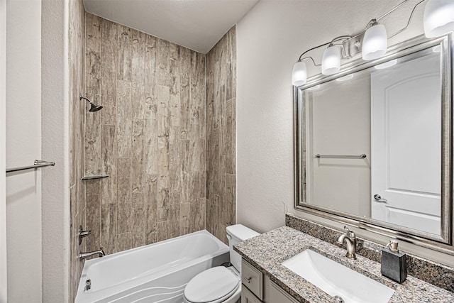 full bathroom with shower / washtub combination, a textured wall, vanity, and toilet