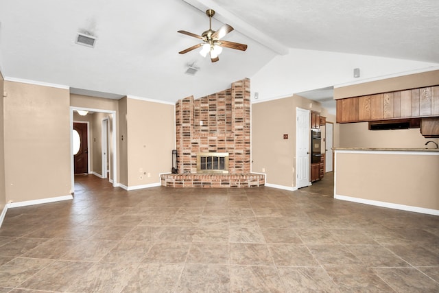 unfurnished living room featuring high vaulted ceiling, a brick fireplace, ceiling fan, and beam ceiling