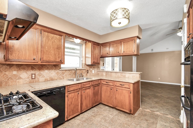 kitchen with sink, extractor fan, kitchen peninsula, gas stovetop, and dishwasher