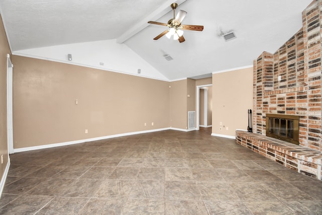 unfurnished living room featuring a fireplace, ceiling fan, a textured ceiling, and lofted ceiling with beams