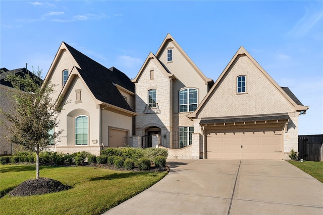 french country style house with a garage and a front lawn