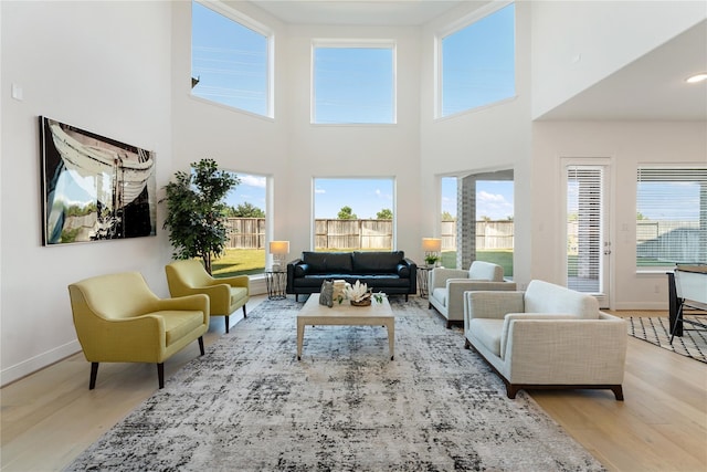 living room featuring a towering ceiling and light hardwood / wood-style floors