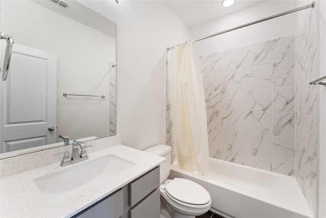 full bathroom with vanity, toilet, and shower / bathtub combination with curtain