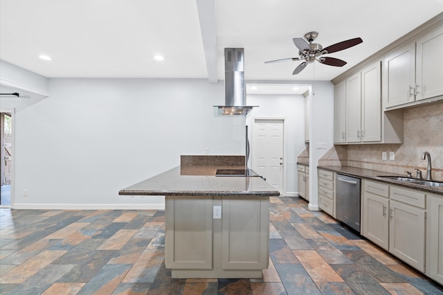 kitchen with island range hood, sink, gray cabinets, and dishwasher