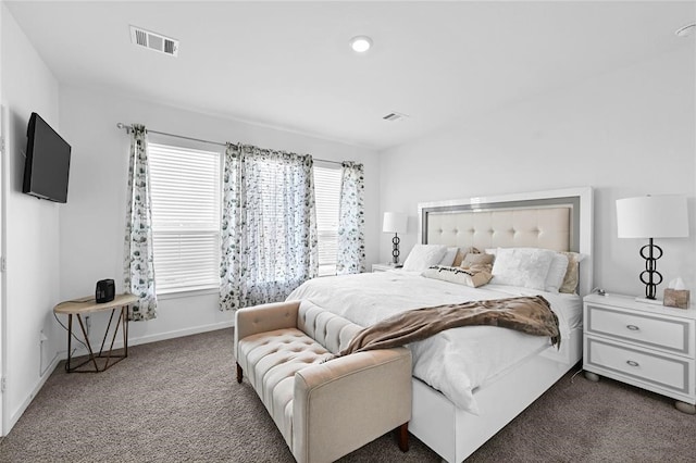 bedroom with dark carpet