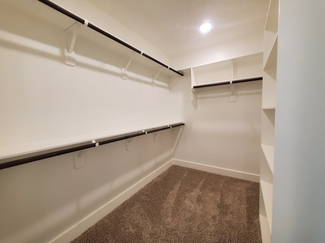 walk in closet featuring dark carpet