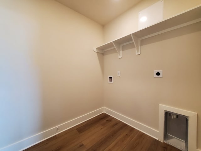 clothes washing area with baseboards, hookup for an electric dryer, laundry area, dark wood-style flooring, and washer hookup