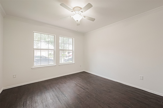 unfurnished room featuring ceiling fan, dark hardwood / wood-style floors, and crown molding