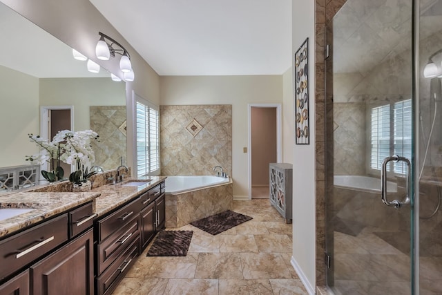 bathroom featuring vanity and plus walk in shower