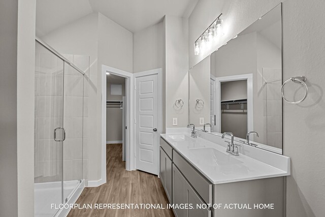 bathroom with hardwood / wood-style floors, vanity, and an enclosed shower