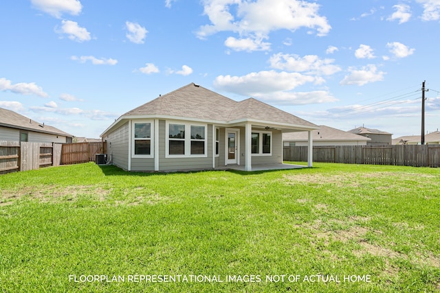 back of house featuring central AC unit, a patio area, and a lawn