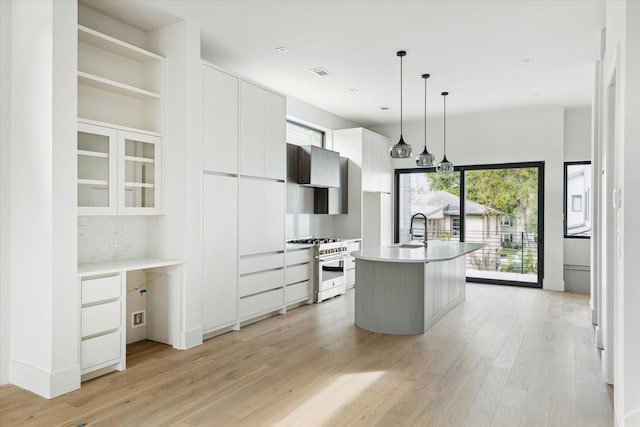 kitchen with white cabinets, sink, a kitchen island with sink, and stainless steel range