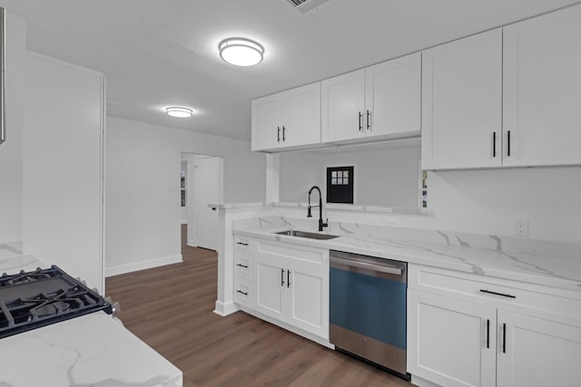 kitchen with dishwasher, sink, dark hardwood / wood-style floors, and white cabinets