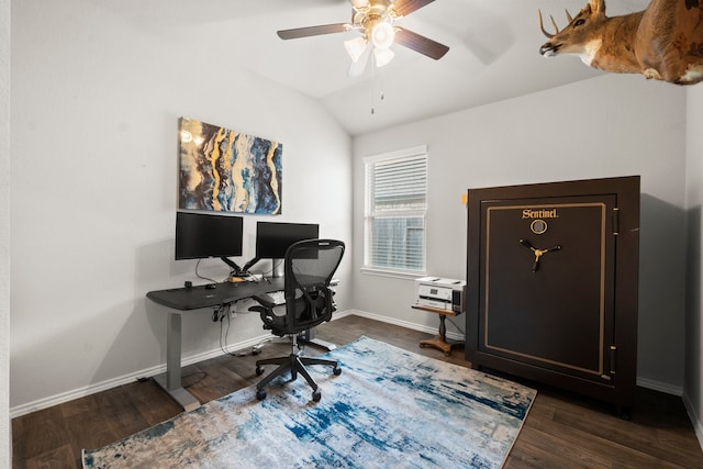 office area featuring ceiling fan, vaulted ceiling, and dark hardwood / wood-style floors