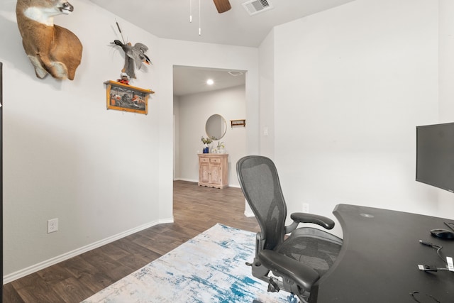 office with dark wood-type flooring and ceiling fan