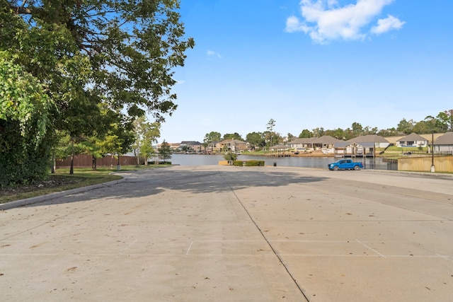 view of street with a water view