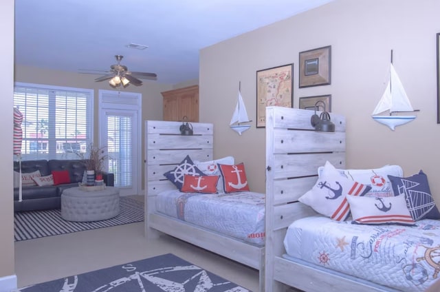 bedroom with carpet flooring and ceiling fan