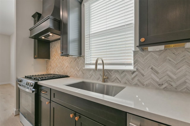 kitchen with decorative backsplash, sink, custom range hood, and stainless steel appliances