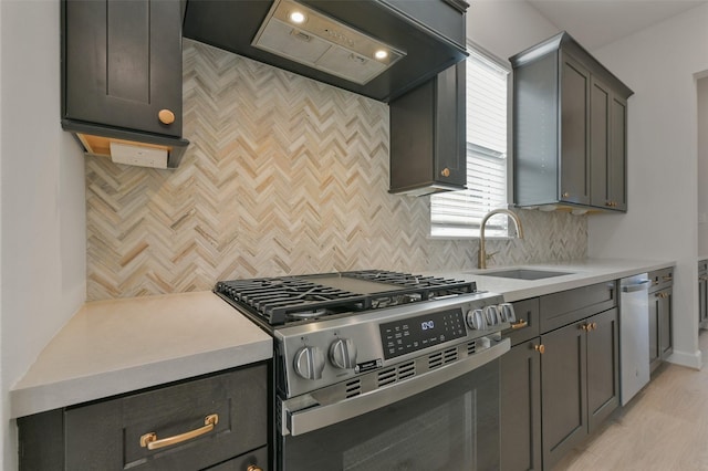 kitchen featuring backsplash, stainless steel gas stove, custom range hood, and sink