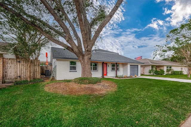 single story home with an attached garage, brick siding, central AC unit, concrete driveway, and roof with shingles
