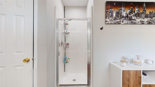 bathroom featuring a shower with door