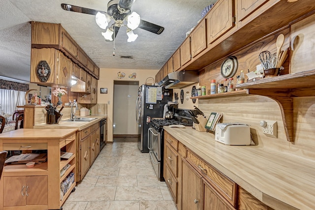 kitchen with ventilation hood, stainless steel appliances, a textured ceiling, sink, and ceiling fan