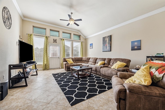 tiled living room with lofted ceiling, ceiling fan, and ornamental molding