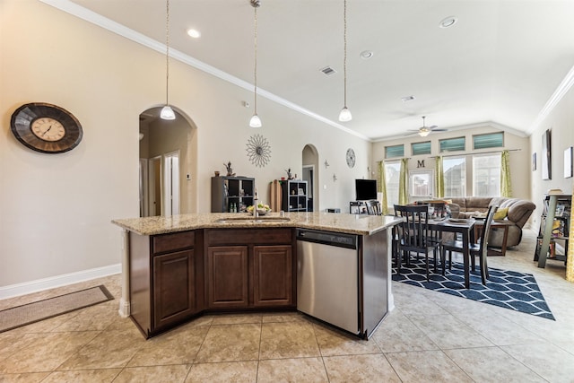 kitchen with crown molding, sink, a center island with sink, dishwasher, and hanging light fixtures