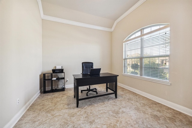 4824 Loures Ln, League City, TX 77573 - office area with lofted ceiling, ornamental molding, healthy amount of natural light, baseboards, and light tile patterned flooring