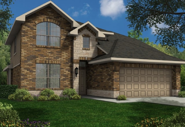 view of property featuring a front lawn and a garage