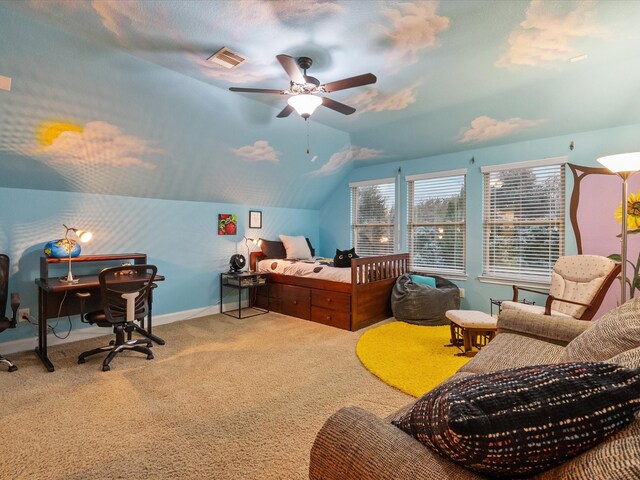 bedroom with lofted ceiling, carpet, and ceiling fan