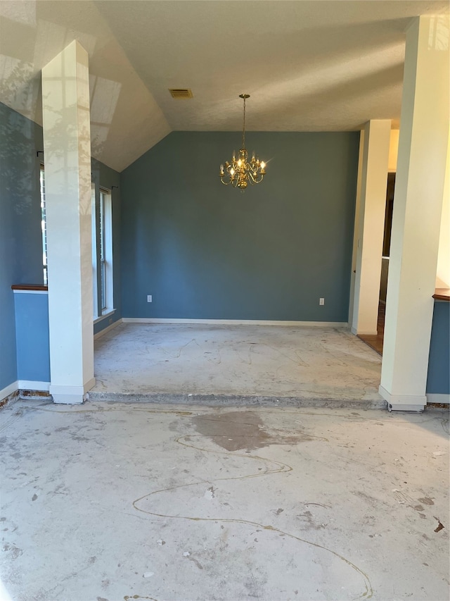 unfurnished room with lofted ceiling and a notable chandelier